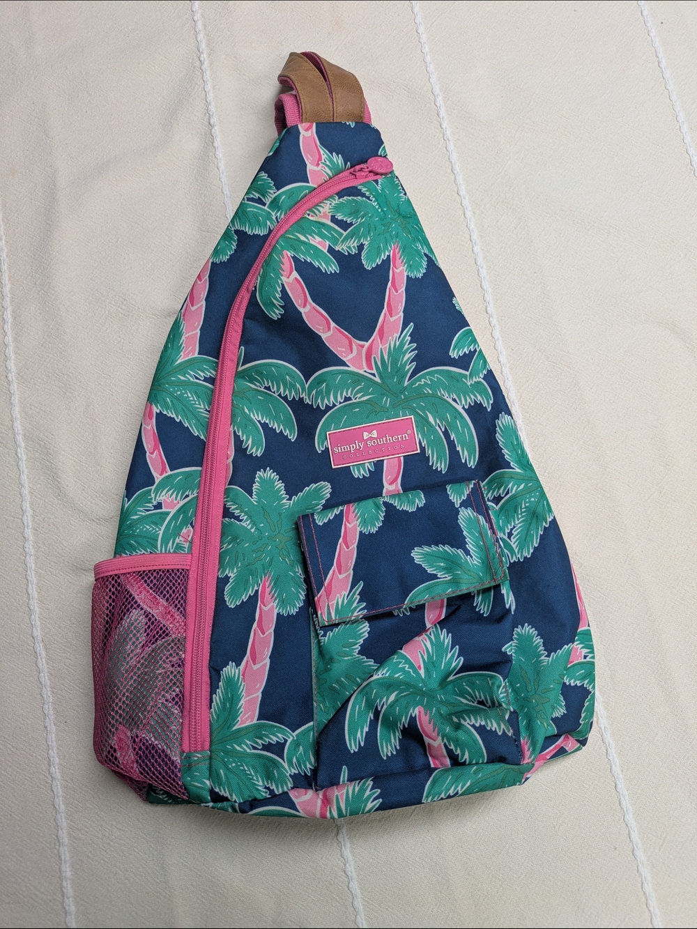 Simply Southern Navy Palm-Print Sling Cross Body Bag with Pink Trim